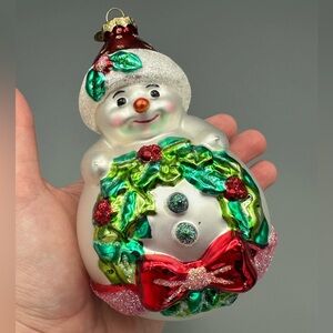 Old World Christmas Snowman Wreath Glass Ornament Holiday Collectible Santa Hat